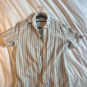 Zara Men's Striped Short Sleeve Shirt - Cream and Blue